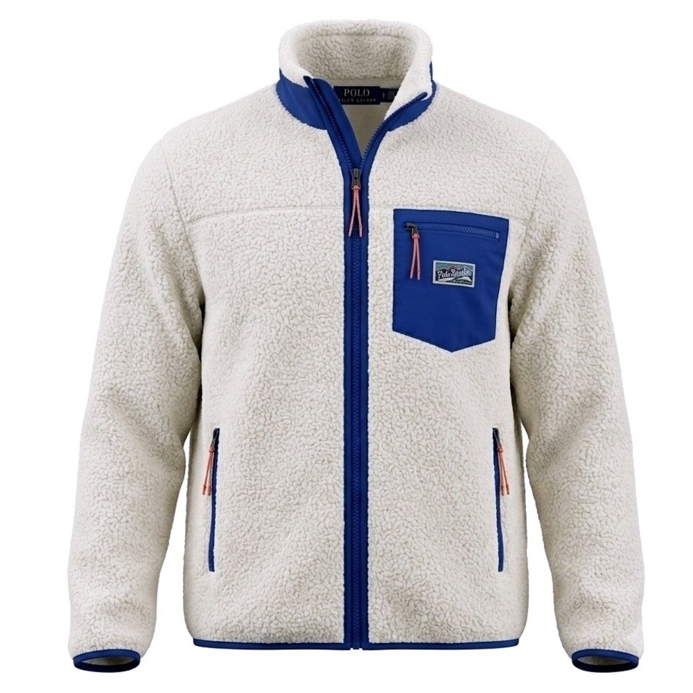 Polo Ralph Lauren Mens Sherpa Fleece Jacket Cream Blue Full Zip XL NEW